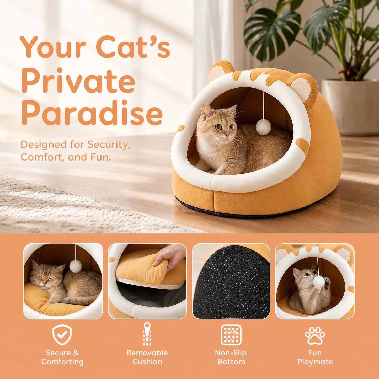 Cama Cueva para Gatos - Nido Suave y Cálido con Juguete Colgante, Lavable a Máquina