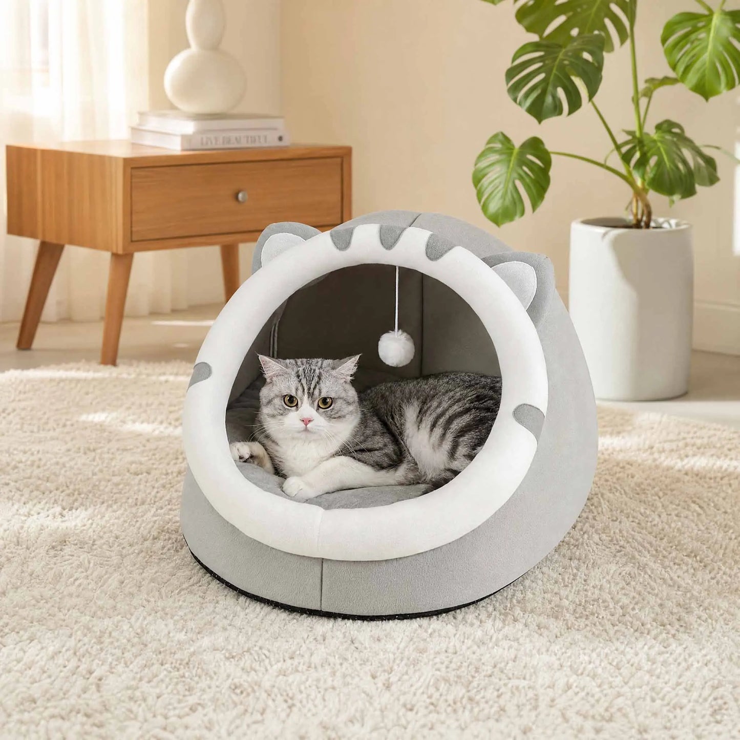 Cama Cueva para Gatos - Nido Suave y Cálido con Juguete Colgante, Lavable a Máquina